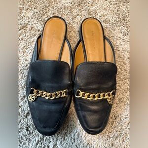 Tory Burch Black Leather Chain-Accent Mules